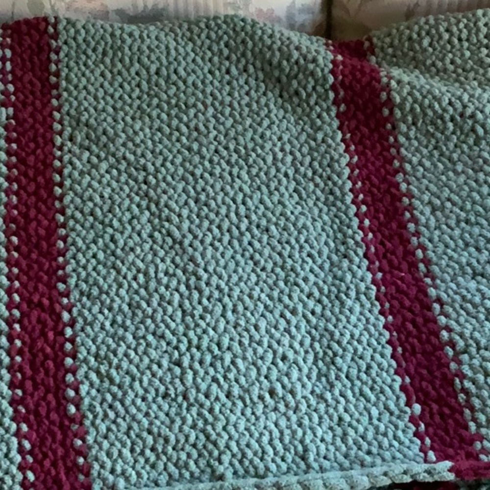 Loom knit burgundy, green striped handmade blanket 60 x 40 - Picture 3 of 4